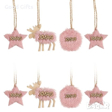 8 броя Дървени пухкави коледни висулки за елха, 6см, Розови, снимка 2 - Декорация за дома - 42691382