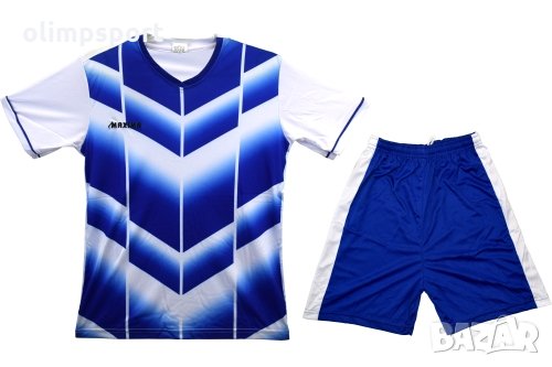 Детски екип за футбол/ волейбол/ хандбал, фланелка с шорти - син с бяло. Екип без номер. Подходящ за