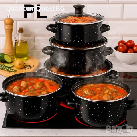 Комплект 5 броя тенджери, със 5 бр стъклени капаци Висококачествена изработка Черни, снимка 2 - Съдове за готвене - 52818839