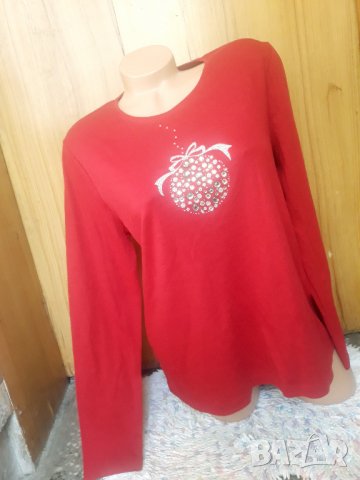 Червена блуза с декорация камъчета Коледно топче Л, снимка 1 - Блузи с дълъг ръкав и пуловери - 34243405