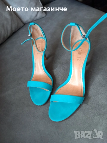 Уникални тюркоазени сандали Schutz от естествен набук - №38, снимка 5 - Дамски обувки на ток - 52070653