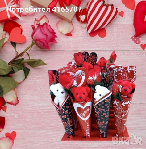 Романтичен букет с плюшено мече и роза, снимка 3 - Изкуствени цветя - 53091157