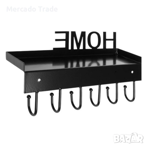 Декоративна поставка за ключове "HOME", 6 кукички и рафт, Черен, снимка 3 - Декорация за дома - 51911670