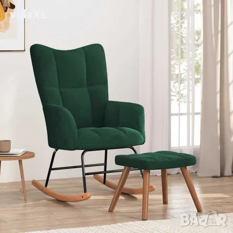 vidaXL Люлеещ се стол с табуретка, тъмнозелен, кадифе, снимка 2 - Столове - 56146936