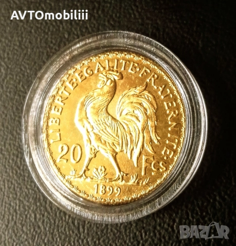 Позлатена монета 20 Франка 1899 г с петел, снимка 4 - Нумизматика и бонистика - 52304100