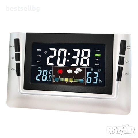 Цветна дигитална метеорологична станция с часовник, температура, влажност и аларма, снимка 3 - Други - 53122587