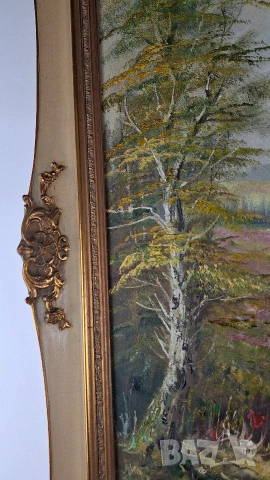 Стара картина на пейзаж с овце край малко езеро, снимка 4 - Картини - 52672648