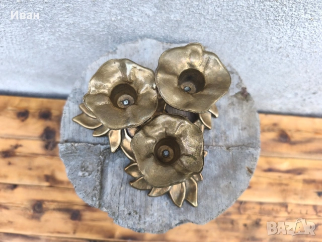 Троен месингов свещник , снимка 6 - Антикварни и старинни предмети - 54103638