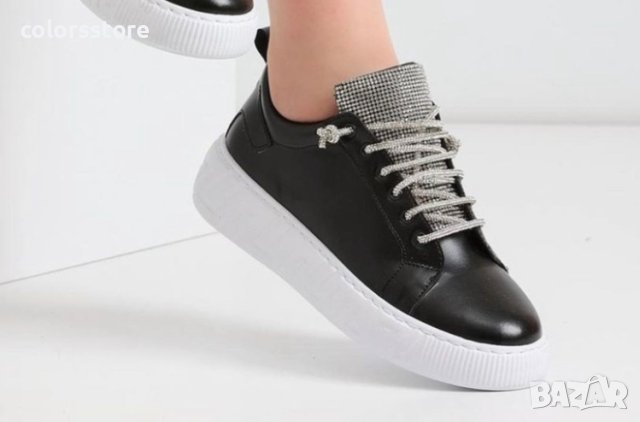 Равни кецове - черна кожа със бяло ходило/сребристи връзки - STV1, снимка 2 - Кецове - 31124643