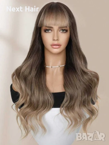 Чуплива омбре перука 65 см, кафяво към пепеляво русо със светъл бретон, снимка 6 - Аксесоари за коса - 52897484