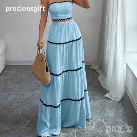 Дамски комплект - дълга пола и топ без презрамки, наличен в бежово, черено, червено, синьо, жълто, снимка 7 - Комплекти - 51367930