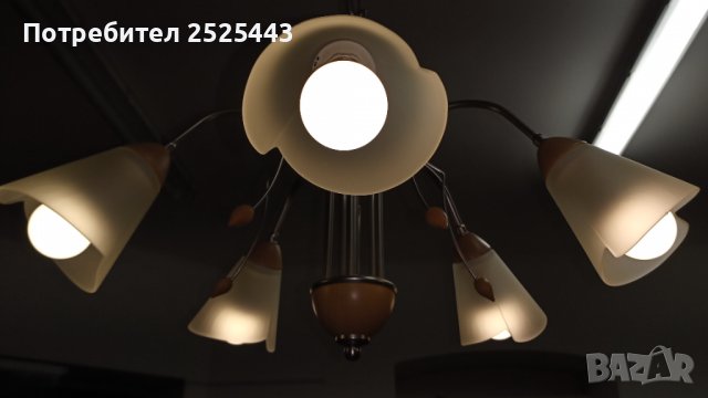 Абажур (полилей) - метален с дървени елементи   - с 5х3 W - Нови LED крушки Е14 - 3000К топло бяло, снимка 6 - Полилеи - 39494665