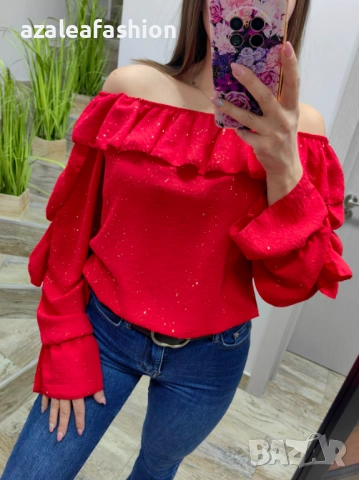 Червена блуза с блясък, снимка 2 - Блузи с дълъг ръкав и пуловери - 53082696