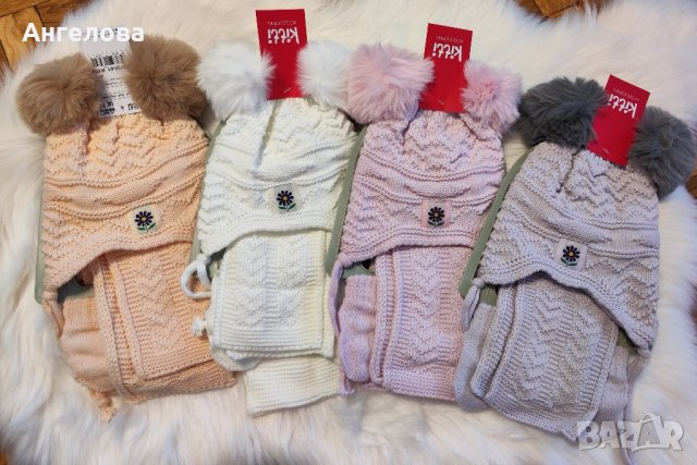 Зимен комплект шапка, шал и ръкавички за момиче зайче 0-18м