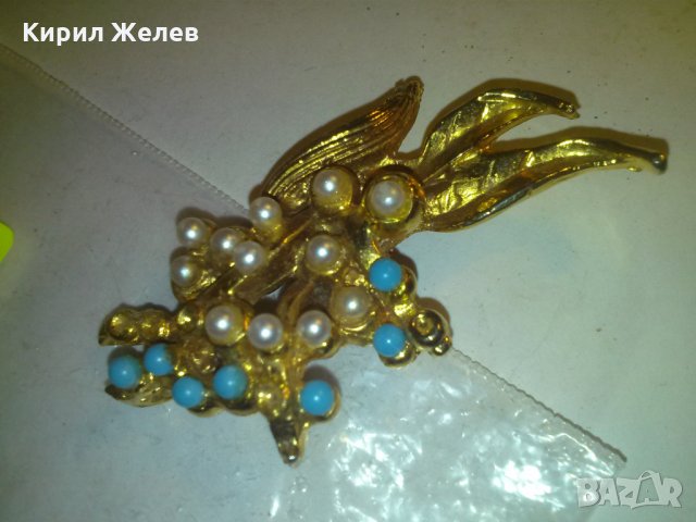 ОЛОВНА ПОЗЛАТЕНА ПЕРЛЕНА БРОШКА с ТЮРКОАЗ СТАРИННА 11124, снимка 3 - Антикварни и старинни предмети - 29835873