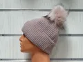 Нова зимна топла дамска шапка Silver Star в цвят пепел от рози с пух/помпон, снимка 4