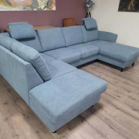 Син ъглов П образен диван от плат LS404520, снимка 8 - Дивани и мека мебел - 44701953