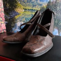 Кафяви есенни обувки с каишка и змийски принт, снимка 1 - Дамски обувки на ток - 30195480