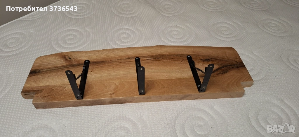 Масивен дървен рафт за стена с 3 метални конзоли, снимка 1