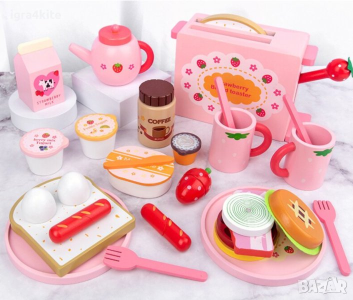 Закуска Тостер с филийки Дървен детски комплект за симулации с много части, снимка 1