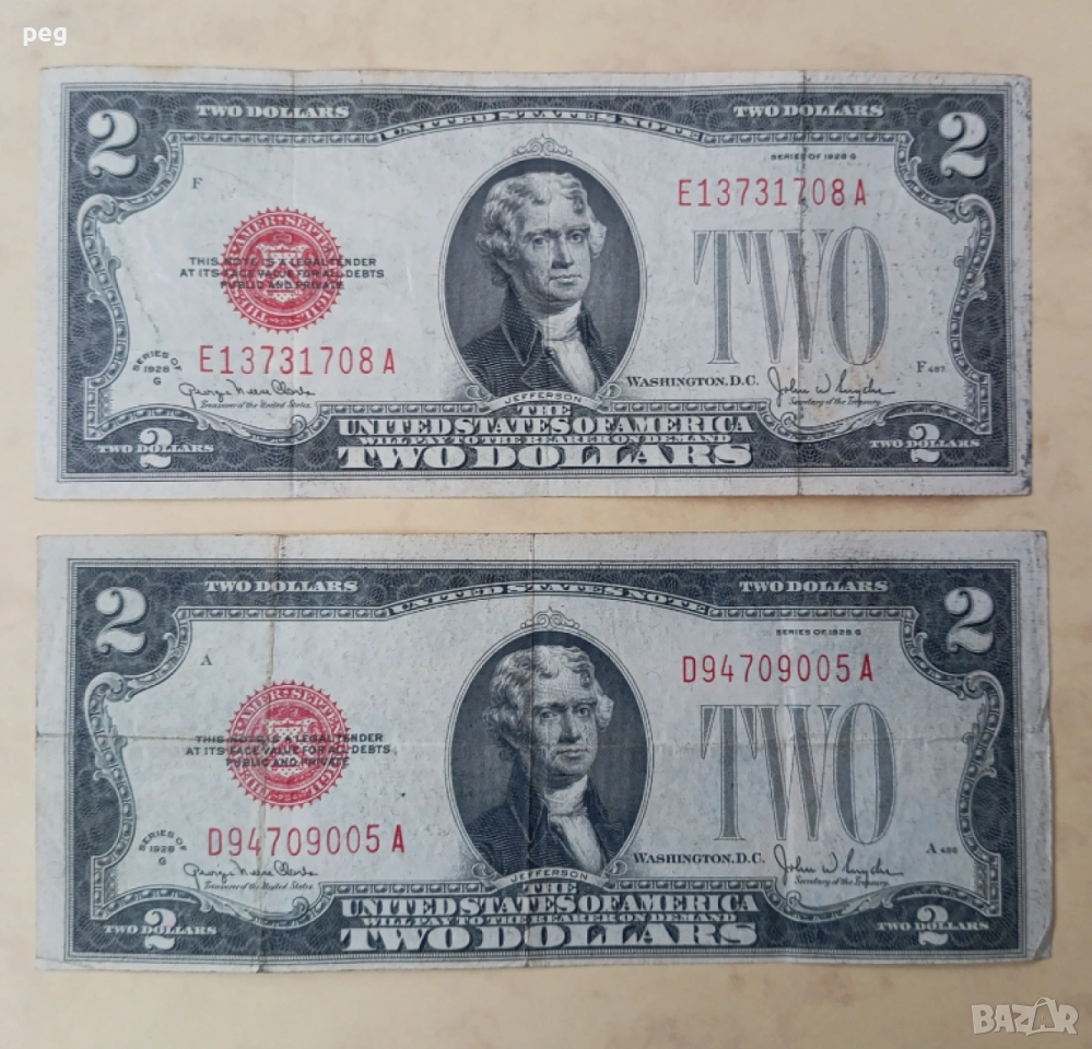 Банкноти $2 долара 1928 г. Red Seal /червен печат/, снимка 1