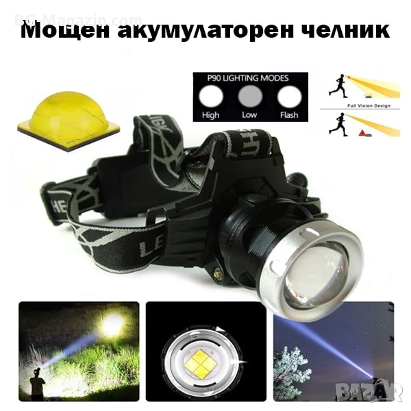Мощен акумулаторен лед челник за глава LED фенер професионален за лов риболов каска бягане туризъм, снимка 1