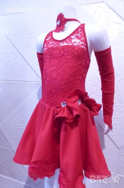 Детска рокля за спортни танци в червен цвят и гол гръб, снимка 1