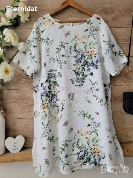 Бяла рокля или туника лен на цветя , снимка 1