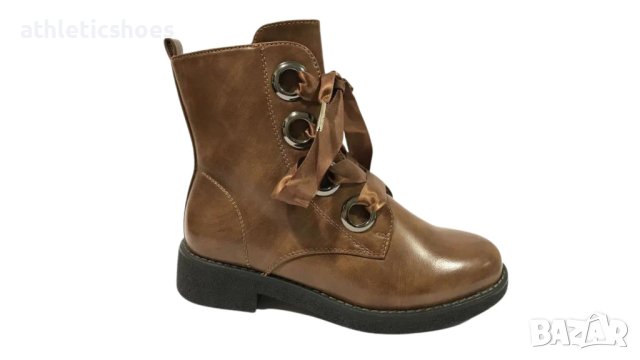 Дамски кафеви боти със сатенени връзки-7337-ПРОМОЦИЯ