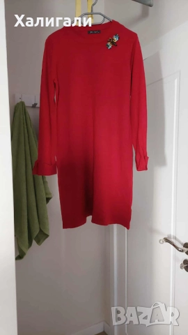 Червена рокля с А силует от фино плетиво M/L, снимка 2 - Рокли - 51759957