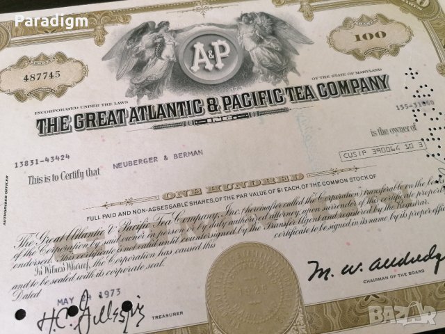 Сертификат за притежание на 100 акции (САЩ) | The Great Atlantic & Pacific Tea Company | 1973г., снимка 4 - Други ценни предмети - 34876900