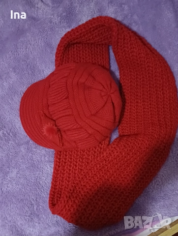 Топли шал и баретка червени, снимка 3 - Шапки - 52427642
