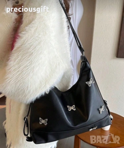 Дамска черна чанта/раница с пеперуди, снимка 6 - Чанти - 53289827