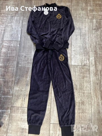 Нов плюшен тъмно син сет комплект ат две части спортен елегантен костюм, снимка 2 - Спортни екипи - 51689927
