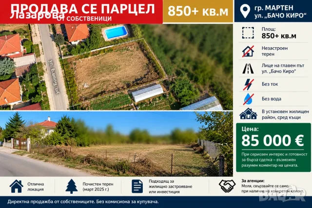 ПРОДАВА СЕ ПАРЦЕЛ ОТ СОБСТВЕНИЦИ ГР. МАРТЕН УЛ.БАЧО КИРО