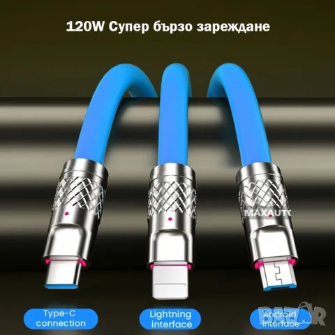 Кабел за зареждане 3 в 1 син до 120W с дължина 1.7 метра, снимка 2 - USB кабели - 55862967