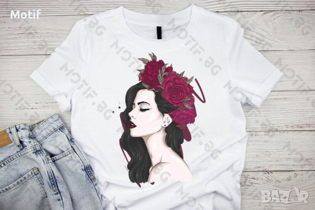 Дамска тениска Motif с цветна щампа МОДА / Жена с венец / Lady fashion / лято