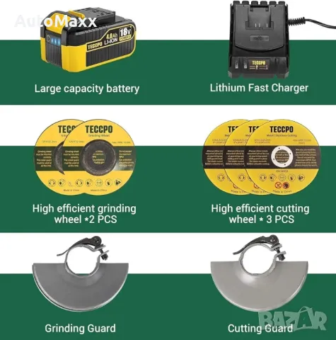 Акумулаторен ъглошлайф TECCPO 18 V, безчетков ъглошлайф 125 mm, 10 000 min-1, снимка 4 - Винтоверти - 49114038