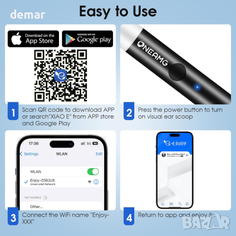 Комплект за премахване на ушна кал OneAmg 1920P HD отоскоп с камера, снимка 5 - Други - 44580288