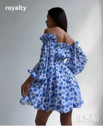 Ефектна синя рокля с паднали рамене, снимка 4 - Рокли - 49515375