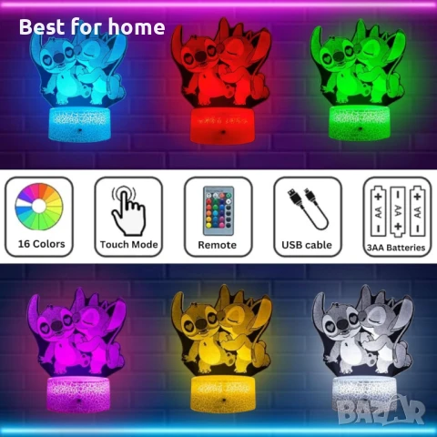 3D Нощна лампа  Лило и Стич  с дистанционно управление -16 цвята, снимка 2 - Други - 50459541