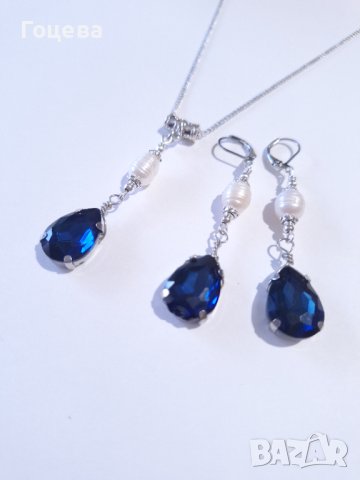 Прекрасен комплект бижута обеци и колие с естествени бели перли и тъмно сини кристали , снимка 9 - Бижутерийни комплекти - 42758447