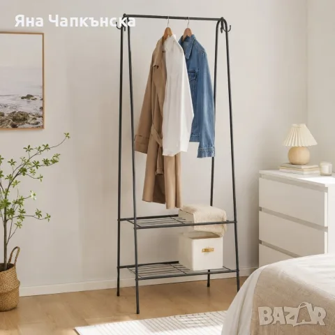 Метална закачалка за дрехи с 2 рафта и 4 куки – отворен гардероб 109×41×150 см, снимка 3 - Закачалки - 56136910