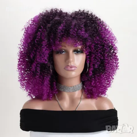 Афро къдрава омбре перука с лилави краища, снимка 6 - Аксесоари за коса - 50237828