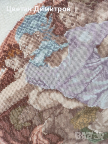 Бродирана картина /гоблен ,репродукция на стенописа "Сътворението на Адам" от Микеланджело. , снимка 4 - Гоблени - 52671413