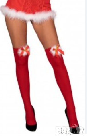 Нови секси плътни коледни червени чорапи с  пухче и панделка , снимка 2 - Бельо - 42603503