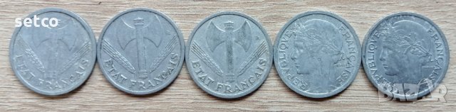 Лот от 5 броя по 1 франк ФРАНЦИЯ 1942 - 1957 л42, снимка 2 - Нумизматика и бонистика - 33747372