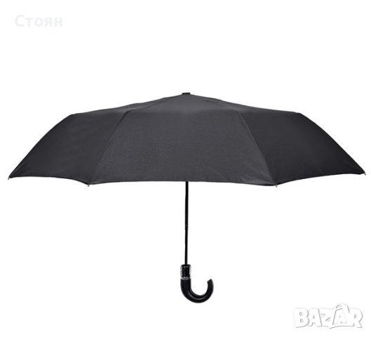 Автоматичен сгъваем чадър за дъжд Черен с кожена дръжка 36,5 см, снимка 2 - Други - 42876881