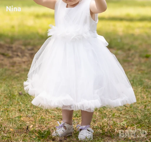 Официална бяла бебешка рокля с панделка за кръщене, рожден ден или шаферка размер 86