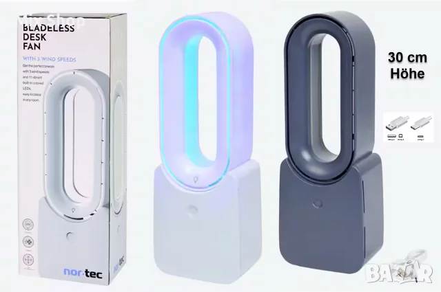 Нов Настолен вентилатор Безлопатков настолен вентилатор с LED осветление, бял, снимка 2 - Друга електроника - 56073632